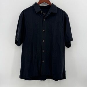 Tommy Bahama Mens Large Black Embroidered Palm Leaf Short Sleeve Silk Camp Shirt